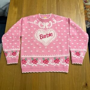 Girls Barbie Pink Sweater Sz M 7/8 Roses Hearts 90s USA Vintage 1991
